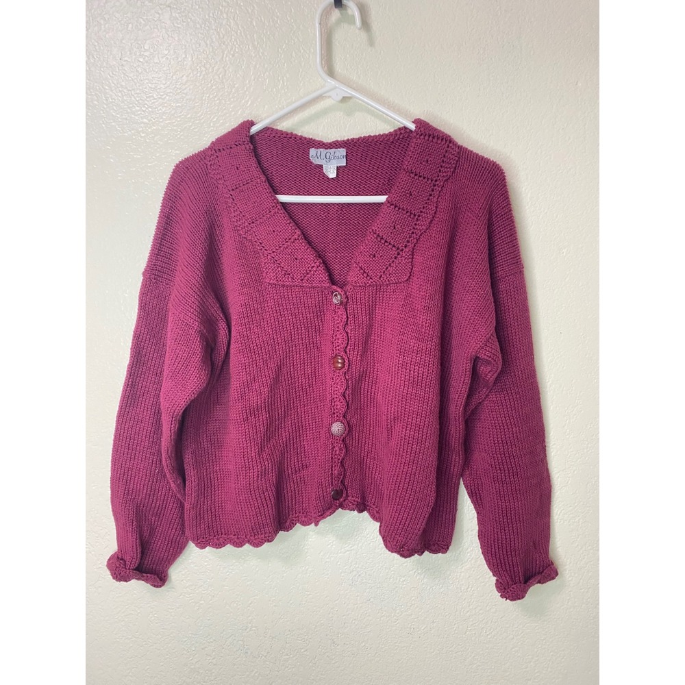 Vintage M Gibson Magenta Cotton Chunky Knit Scalloped Cardigan Sweater